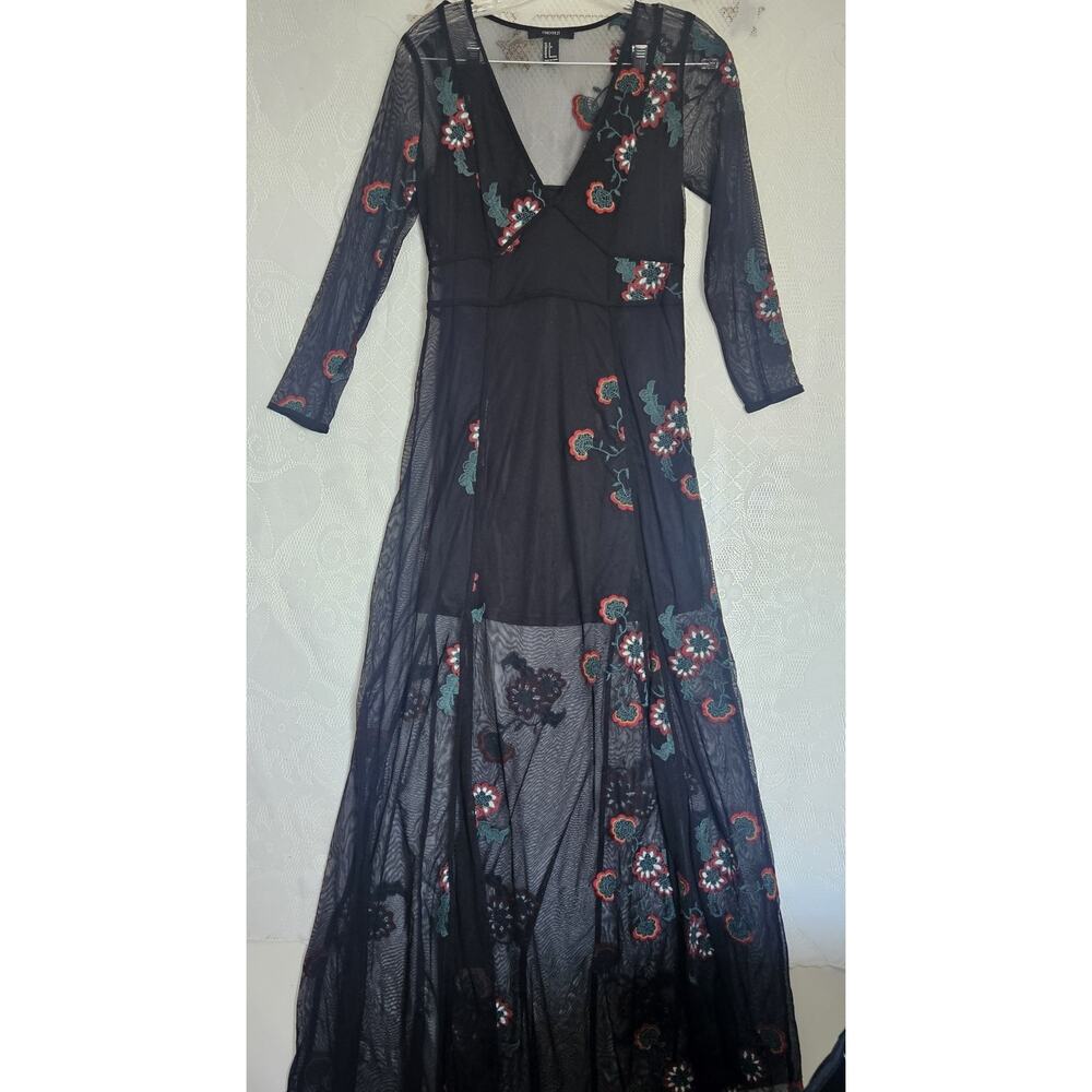 Black Small Tulle Floral Embroidery Dark Romantic Lined Maxi Dress Whimsigoth